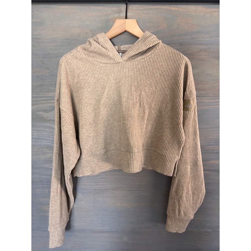 Alo Yoga Muse Hoodie Ribbed Knit Cropped Sweatshirt Tan Beige XS